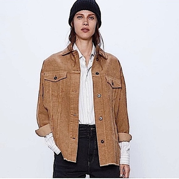 Zara Corduroy Trucker Fray Shirt Shacket Jacket, Camel, Size S - Picture 1 of 9